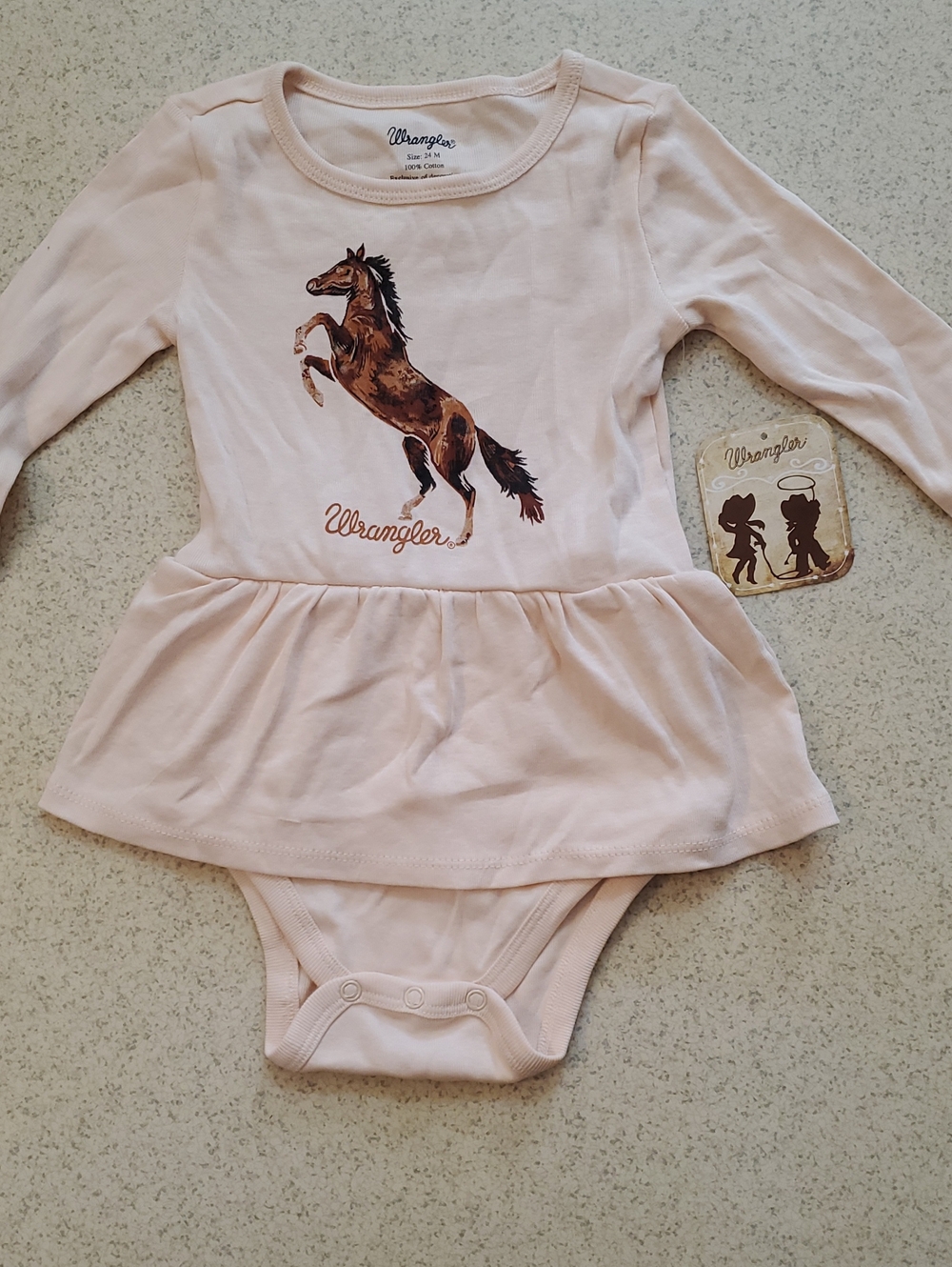 Wrangler Baby Girl Peplum Bodysuit in Pale Pink with Horse Graphic